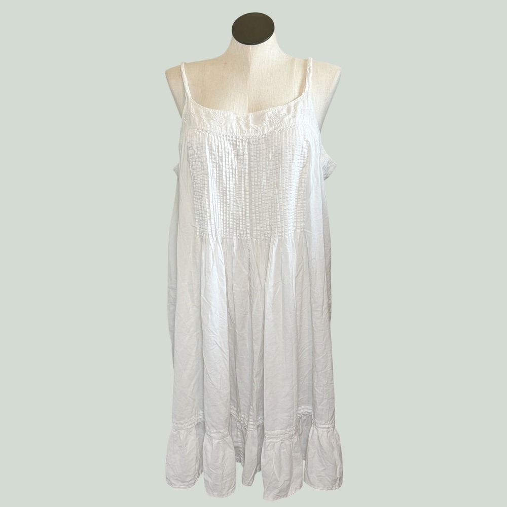 Vintage Women Nightgown Lrg White Cotton Boho Pintuck Ruffle Embroidery Babydoll